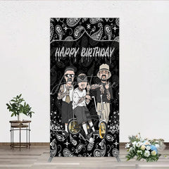 Aperturee - Aperturee Black and White Paisley Happy Birthday Rectangle Backdrop Kit Urban Chicano Style Party Decor for Men