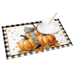 Aperturee - Aperturee Black and White Plaid Pumpkin with Bow Set of 4 Placemats for Farmhouse Fall and Thanksgiving Decor