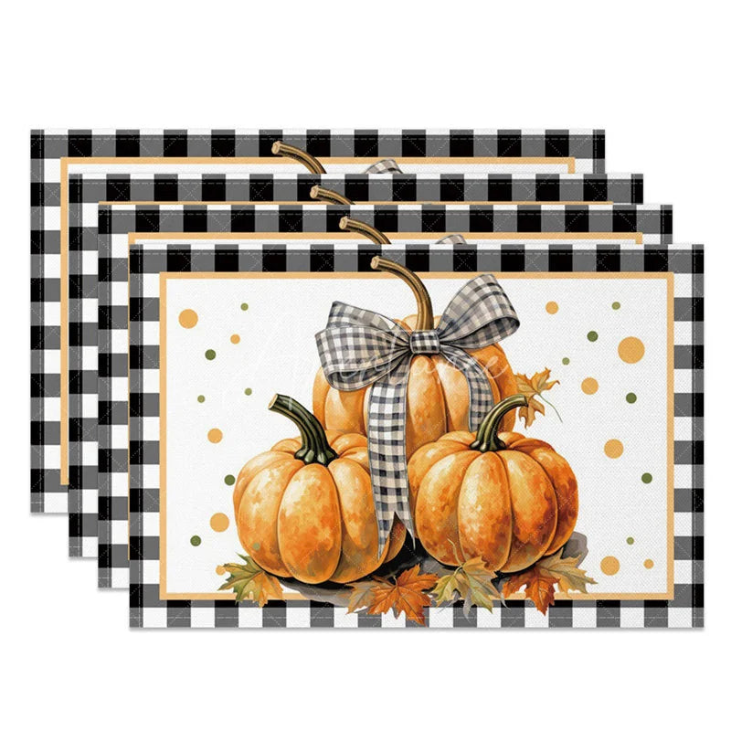 Aperturee - Aperturee Black and White Plaid Pumpkin with Bow Set of 4 Placemats for Farmhouse Fall and Thanksgiving Decor