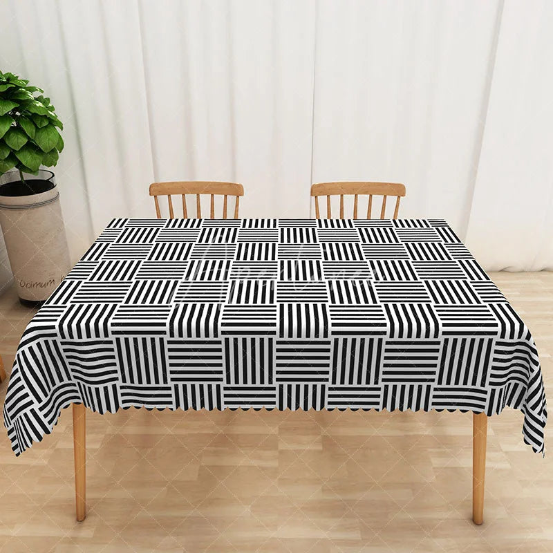Aperturee - Aperturee Black and White Plaid Rectangle Tablecloth Modern Farmhouse Line Pattern for Kitchen and Dining Decor