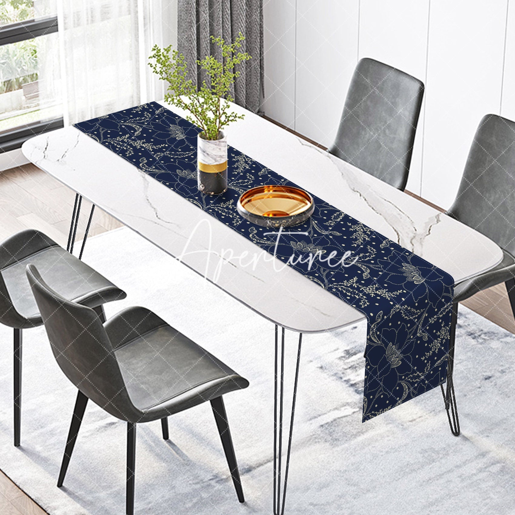 Aperturee - Aperturee Black And White Poinsettia Flower Art Table Runner