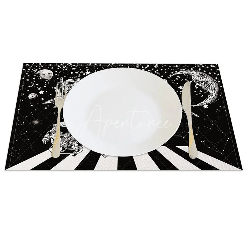 Aperturee - Aperturee Black and White Set of 4 Placemats with Astronaut and Piano Keys for Music and Space Themed Decor