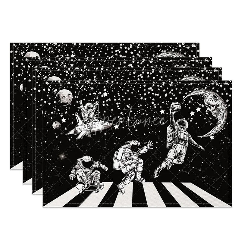 Aperturee - Aperturee Black and White Set of 4 Placemats with Astronaut and Piano Keys for Music and Space Themed Decor