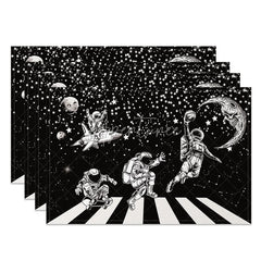 Aperturee - Aperturee Black and White Set of 4 Placemats with Astronaut and Piano Keys for Music and Space Themed Decor