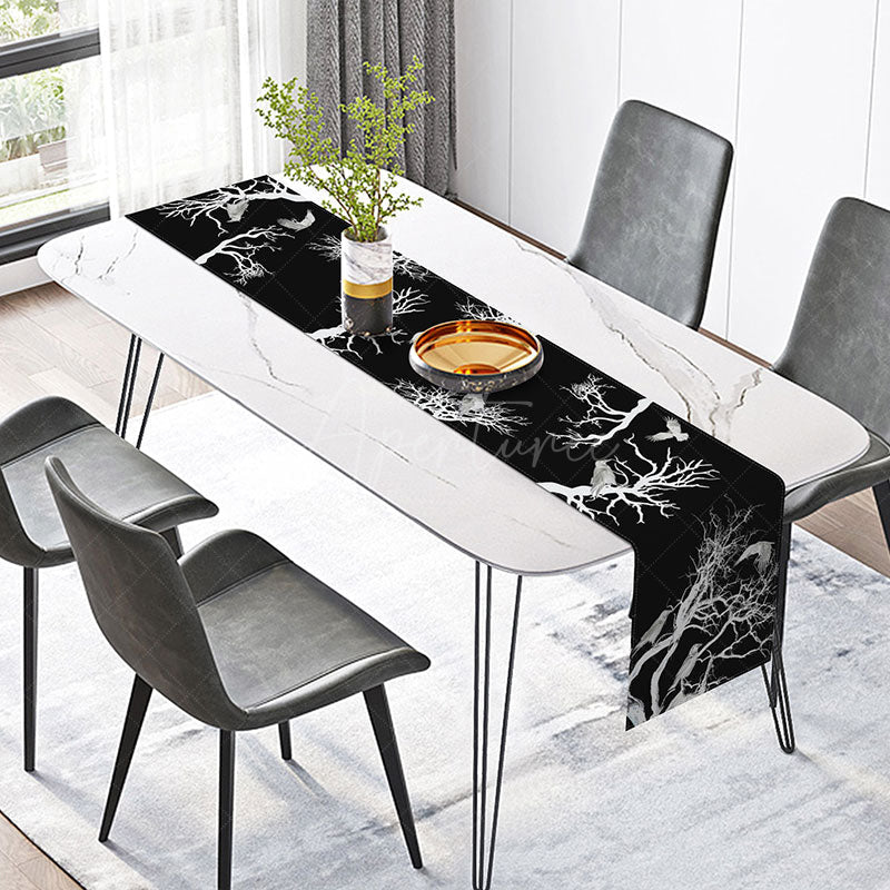 Aperturee - Aperturee Black and White Silhouette Table Runner with Birds on Branches for Modern Minimalist Dining Decor