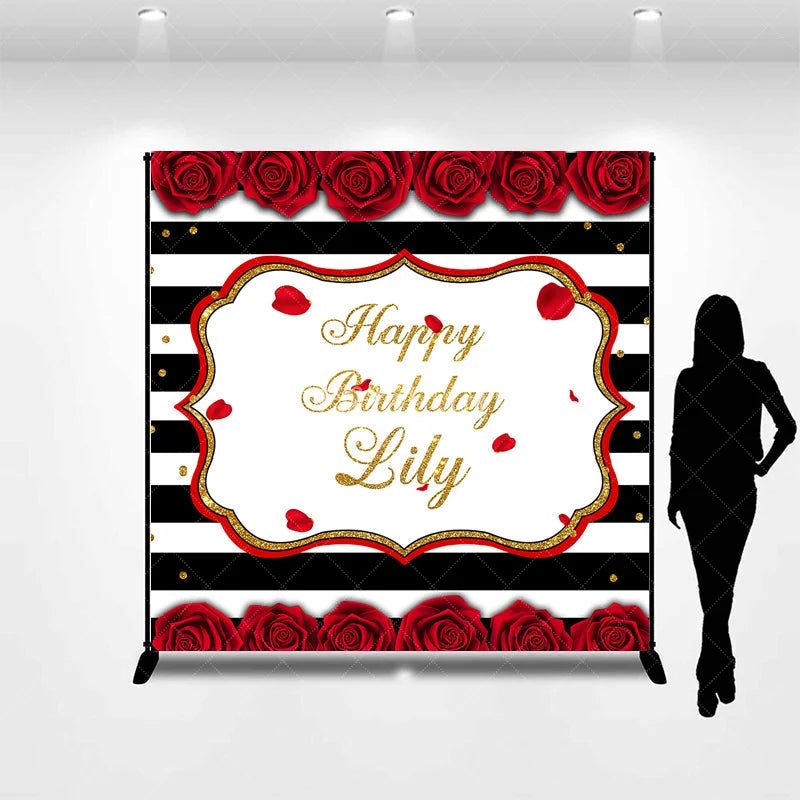 Aperturee - Aperturee Black and White Striped Red Rose Gold Glitter Happy Birthday Custom Backdrop Elegant Celebration Party Decor