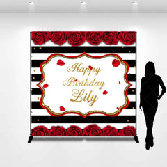 Aperturee - Aperturee Black and White Striped Red Rose Gold Glitter Happy Birthday Custom Backdrop Elegant Celebration Party Decor