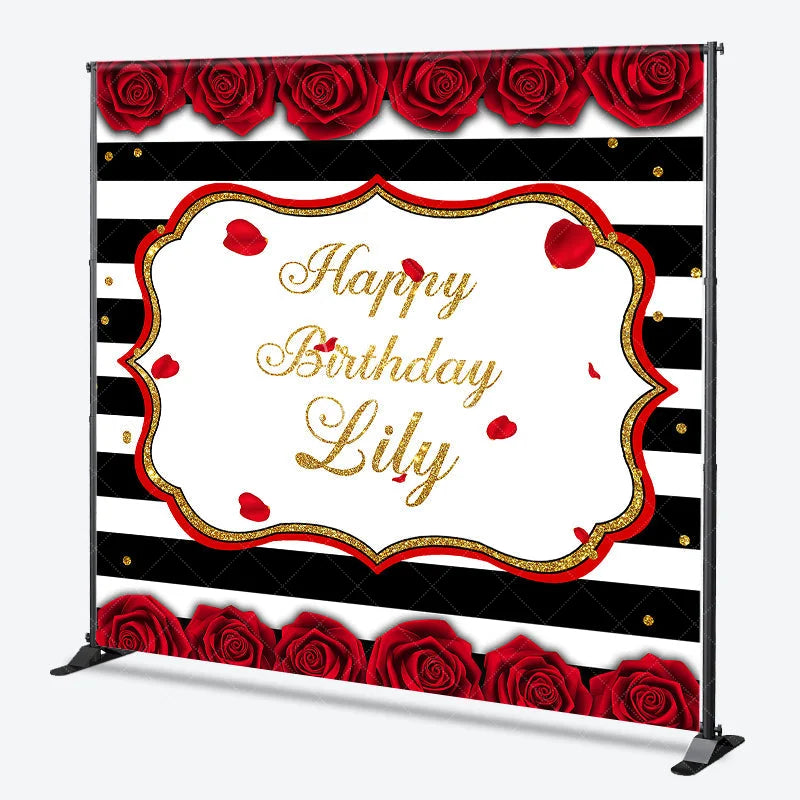 Aperturee - Aperturee Black and White Striped Red Rose Gold Glitter Happy Birthday Custom Backdrop Elegant Celebration Party Decor