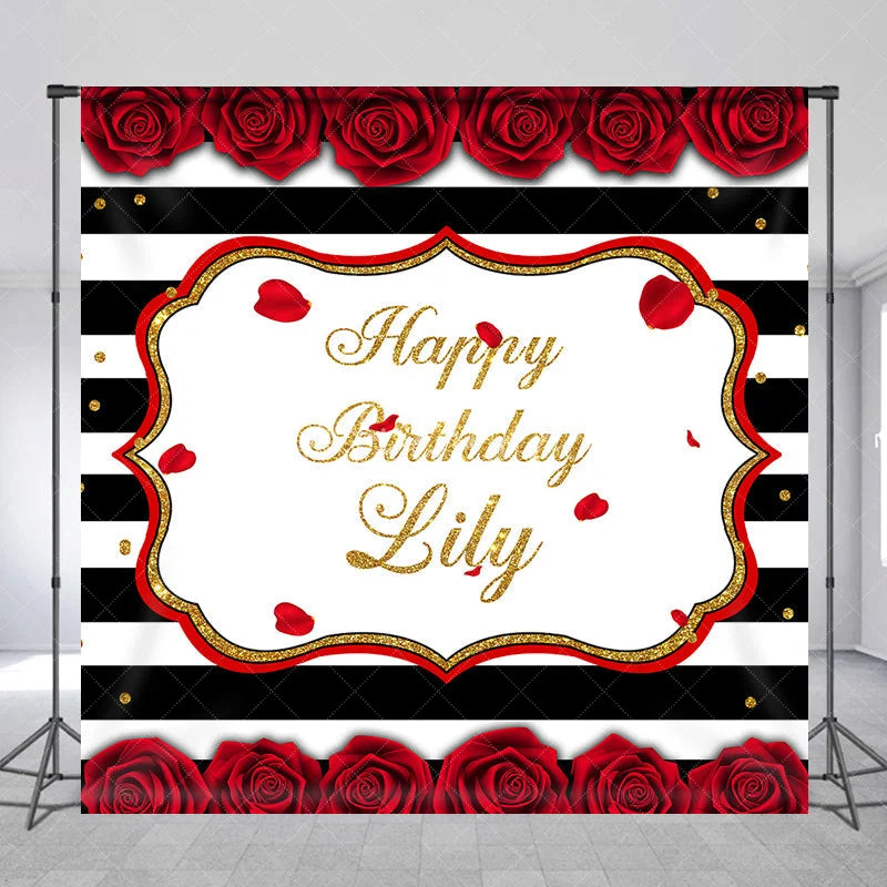 Aperturee - Aperturee Black and White Striped Red Rose Gold Glitter Happy Birthday Custom Backdrop Elegant Celebration Party Decor
