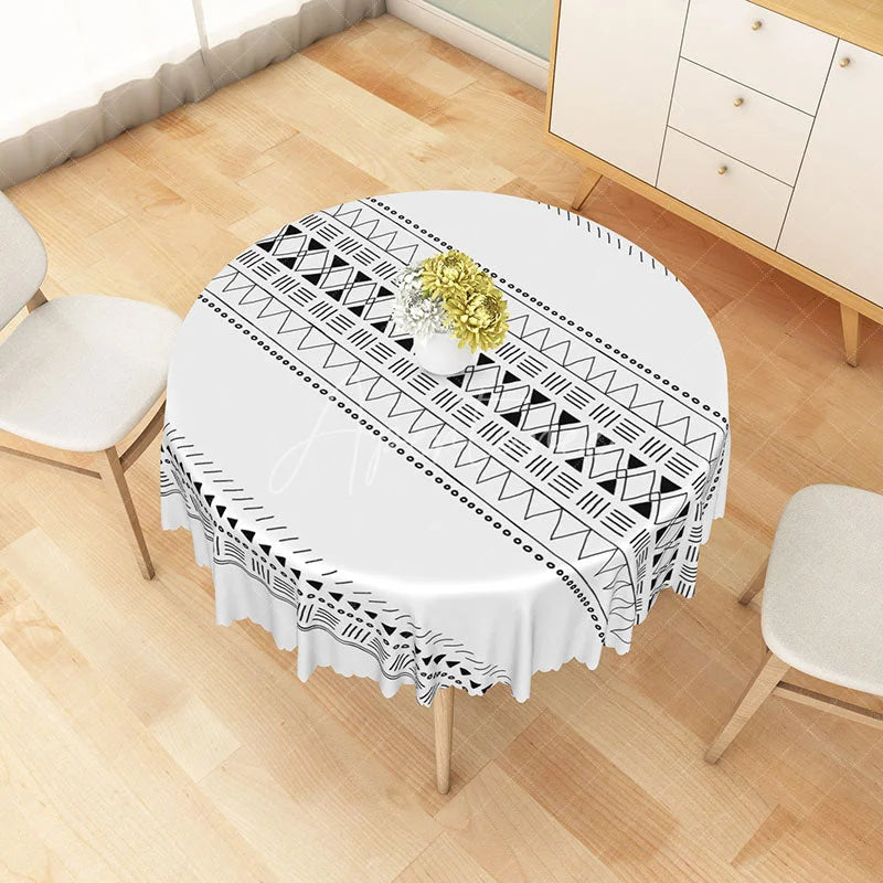 Aperturee - Aperturee Black and White Tribal Geometric Round Tablecloth Minimalist Ethnic Pattern for Modern Home Decor