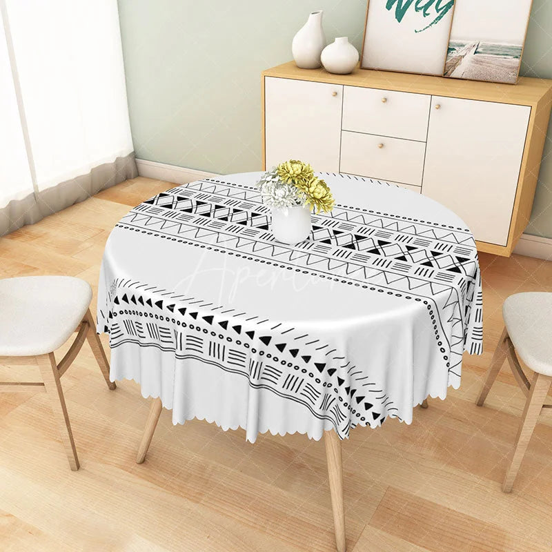 Aperturee - Aperturee Black and White Tribal Geometric Round Tablecloth Minimalist Ethnic Pattern for Modern Home Decor