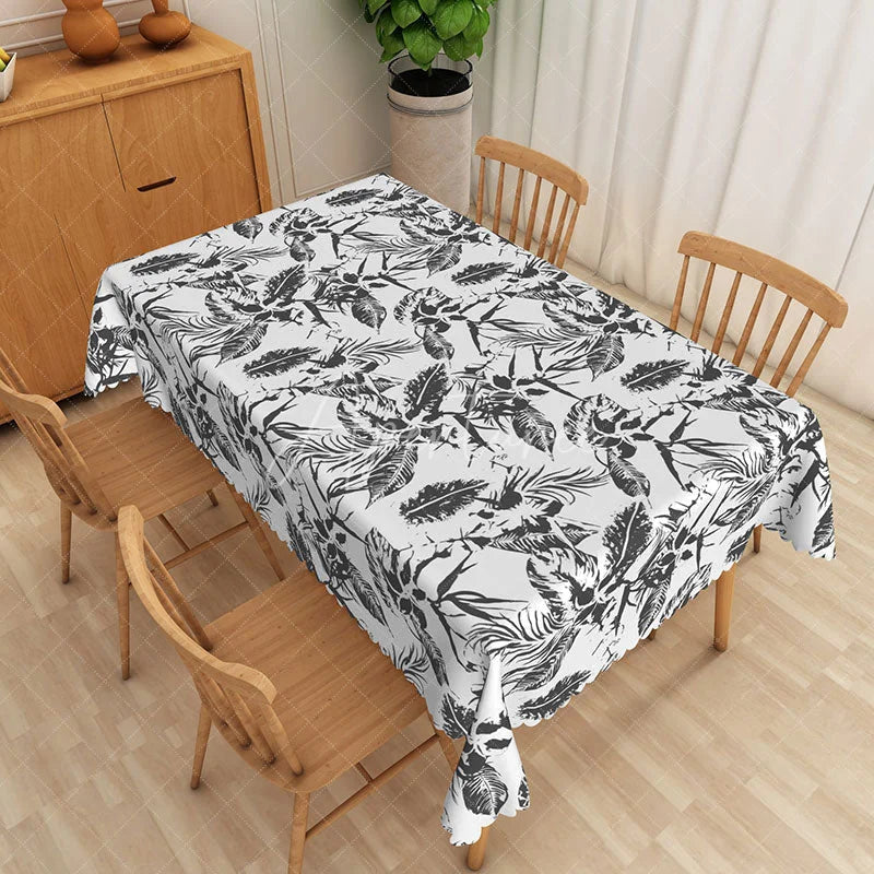 Aperturee - Aperturee Black and White Tropical Rectangle Tablecloth Sketch Floral Palm Leaves Modern Summer Dining Decor