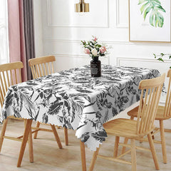 Aperturee - Aperturee Black and White Tropical Rectangle Tablecloth Sketch Floral Palm Leaves Modern Summer Dining Decor