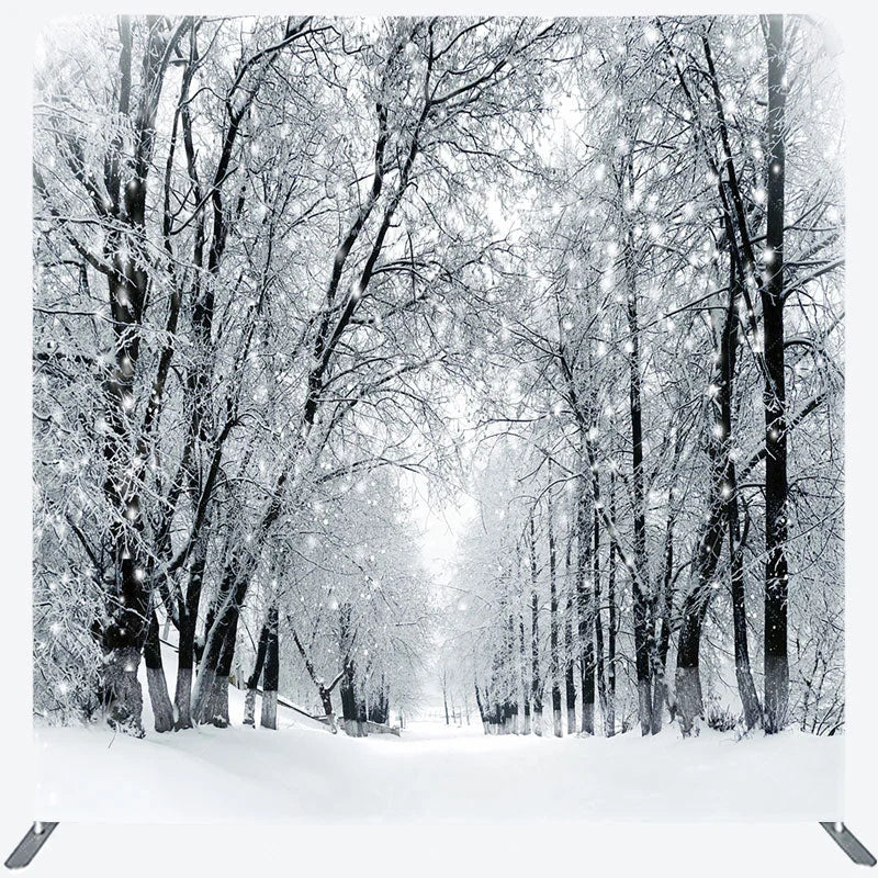 Aperturee - Aperturee Black and White Winter Forest Double-Sided Tension Fabric Backdrop Snowy Trees Path Holiday Photo Booth