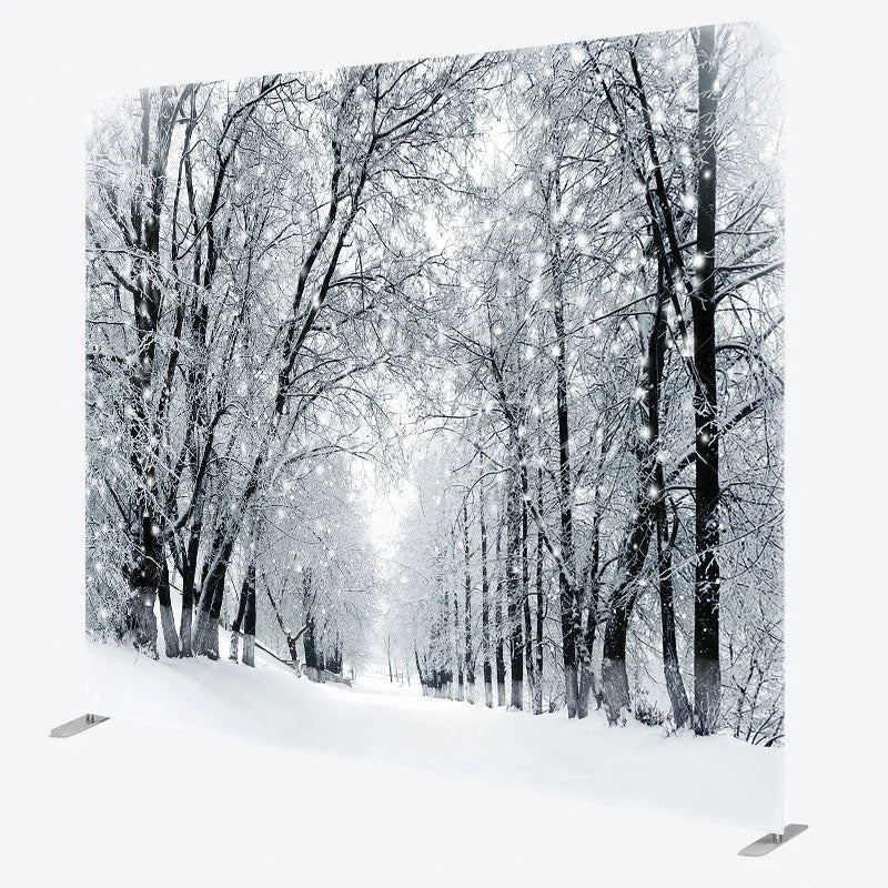 Aperturee - Aperturee Black and White Winter Forest Double-Sided Tension Fabric Backdrop Snowy Trees Path Holiday Photo Booth