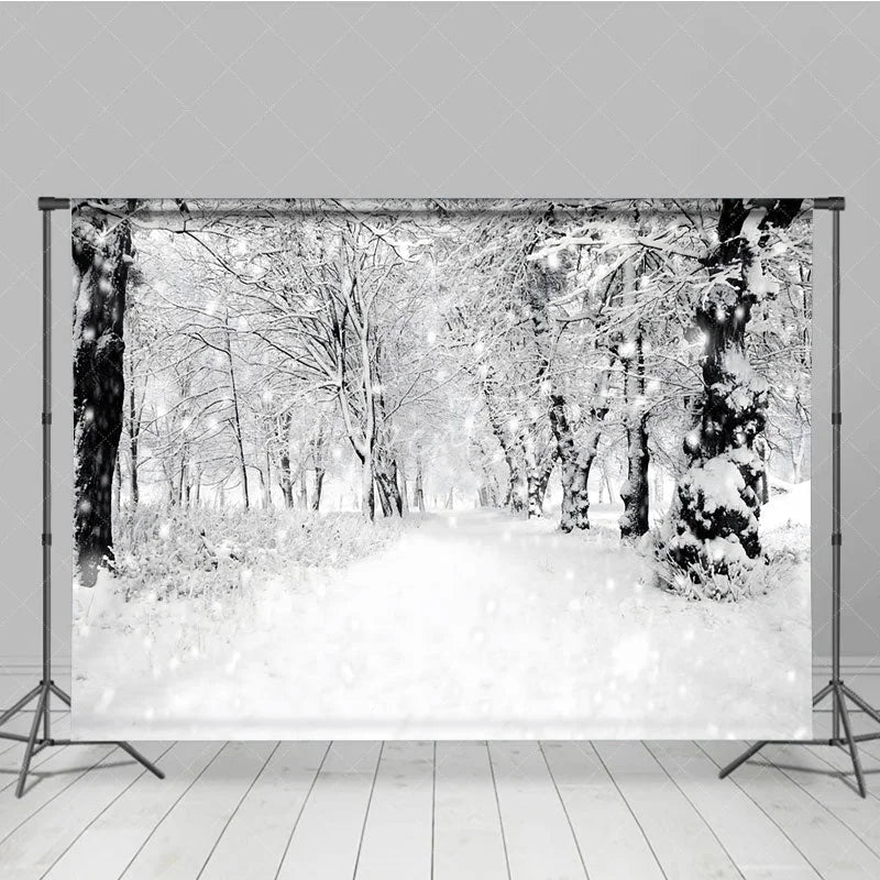 Aperturee - Aperturee Black and White Winter Forest Photography Backdrop Snowy Path Through the Trees Moody Holiday Photo Background
