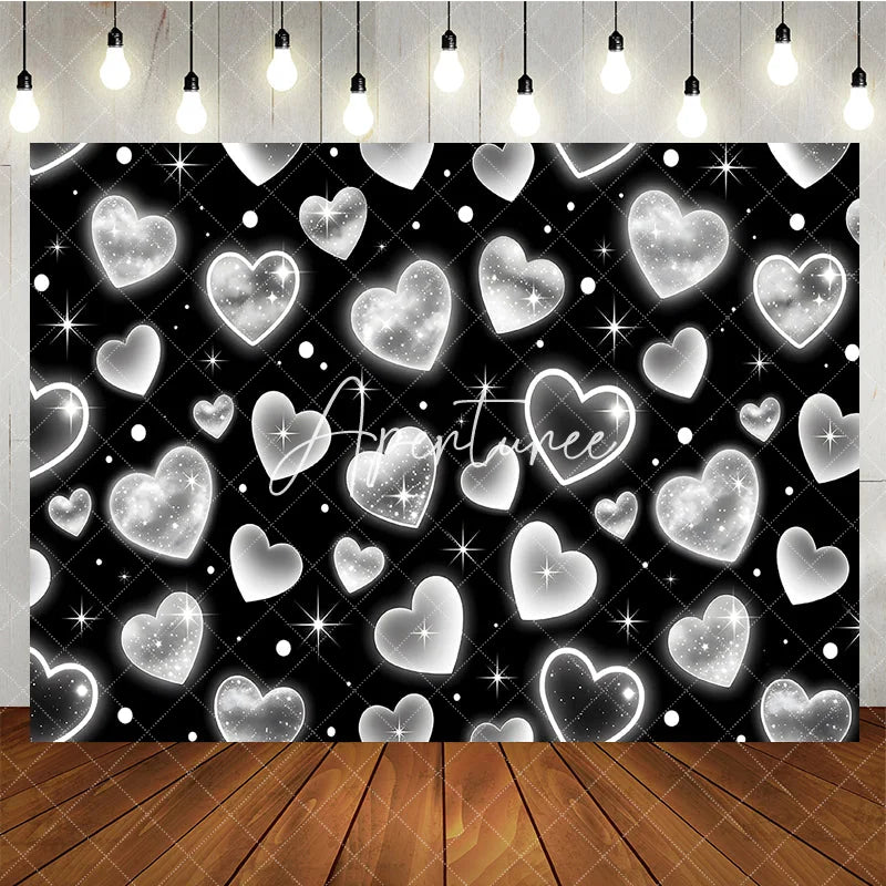 Aperturee - Aperturee Black and White Y2K Glitter Heart Pattern Birthday Backdrop Sparkling Elegant Party Celebration Decor
