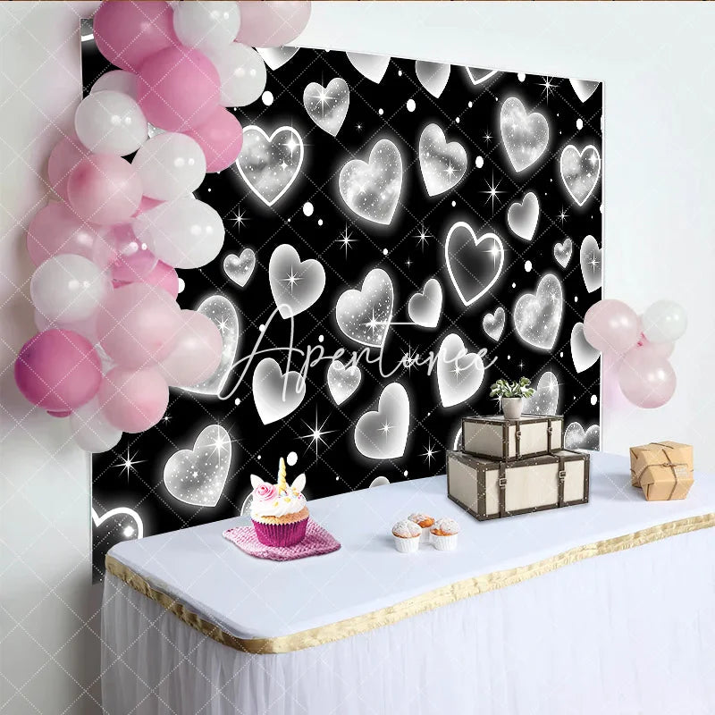 Aperturee - Aperturee Black and White Y2K Glitter Heart Pattern Birthday Backdrop Sparkling Elegant Party Celebration Decor