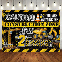 Aperturee - Aperturee Black and Yellow Construction Zone 2nd Birthday Backdrop with Dump Truck and Excavator 2 and Digging It Party Decor