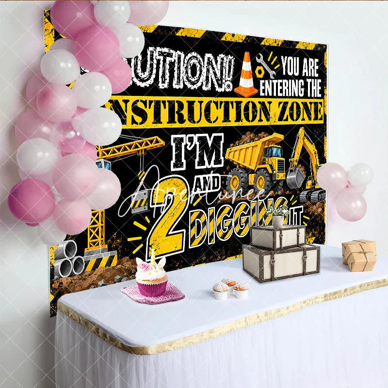 Aperturee - Aperturee Black and Yellow Construction Zone 2nd Birthday Backdrop with Dump Truck and Excavator 2 and Digging It Party Decor