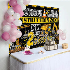 Aperturee - Aperturee Black and Yellow Construction Zone 2nd Birthday Backdrop with Dump Truck and Excavator 2 and Digging It Party Decor