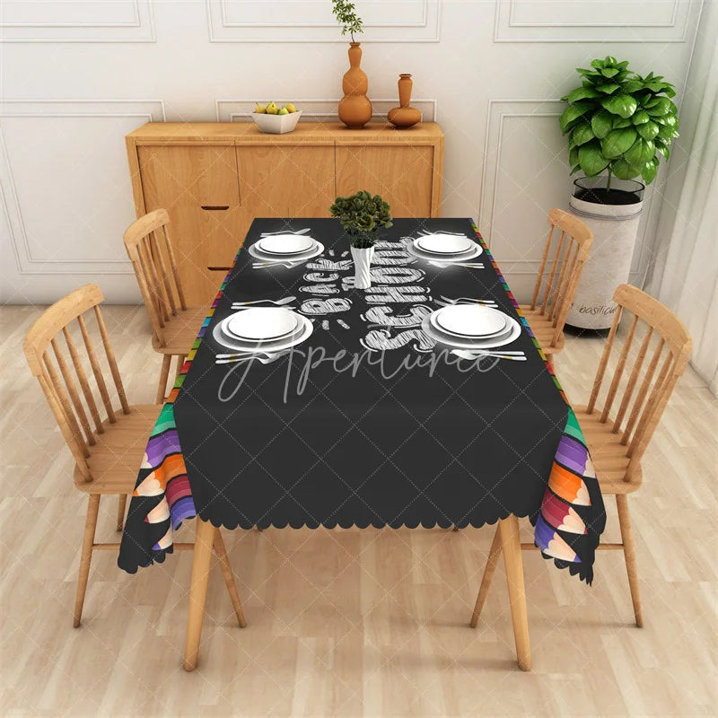 Aperturee - Aperturee Black Back to School Rectangle Tablecloth with Colorful Pencils and Chalk Text Fun Classroom Party Decor