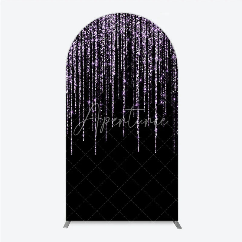 Aperturee - Aperturee Black Background with Lavender Glitter Sparkling Shimmering Round Top Arch Backdrop Elegant Celebration Party Decor