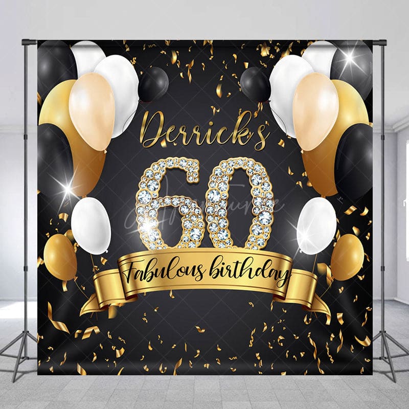 Aperturee - Aperturee Black Balloon Custom Name 60 Fabulous Birthday Backdrop