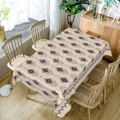 Aperturee - Aperturee Black Beige Tribal Geometric Rectangle Tablecloth Modern Boho Diamond Ikat Aztec Style Dining Table Cover Decoration