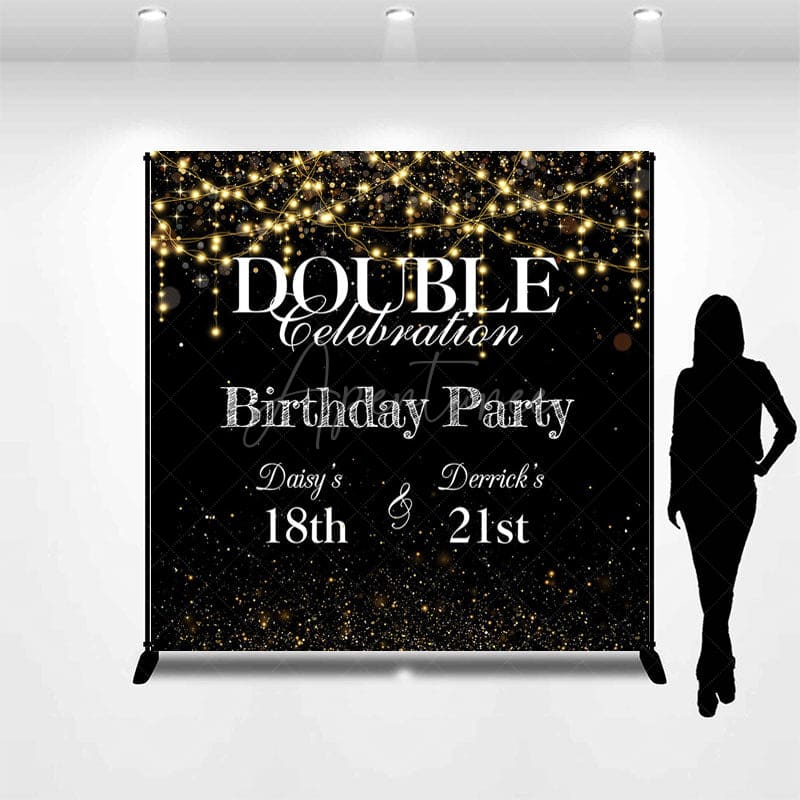 Aperturee - Aperturee Black Bokeh Custom Name Double Birthday Party Backdrop