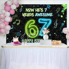Aperturee - Aperturee Black Brick Wall Neon Green Blue 7th Birthday Backdrop with Music Notes and Lightning Awesome Birthday Party Decor