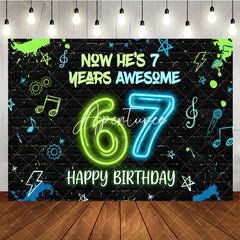 Aperturee - Aperturee Black Brick Wall Neon Green Blue 7th Birthday Backdrop with Music Notes and Lightning Awesome Birthday Party Decor