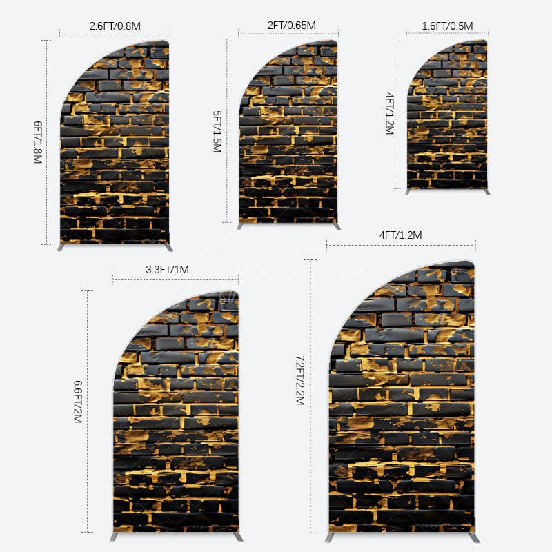 Aperturee - Aperturee Black Bricks Wall Golden Engraved Half Moon Arch Backdrop