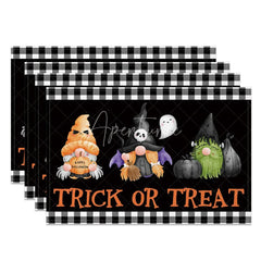 Aperturee - Aperturee Black Checkered Halloween Gnome Set of 4 Placemats for Spooky Farmhouse and Buffalo Plaid Decor