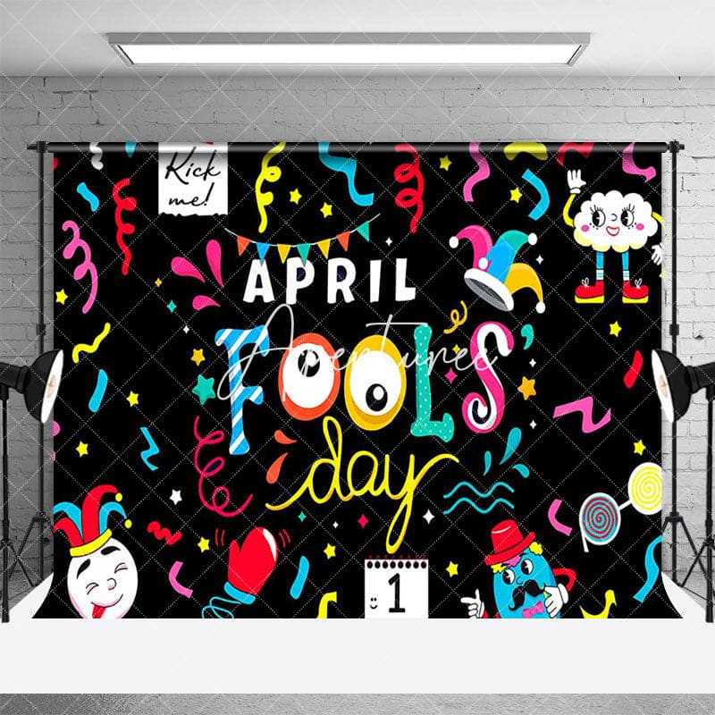 Aperturee - Aperturee Black Colorul Ribbons Funny April Fools Day Backdrop