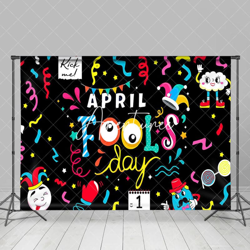 Aperturee - Aperturee Black Colorul Ribbons Funny April Fools Day Backdrop
