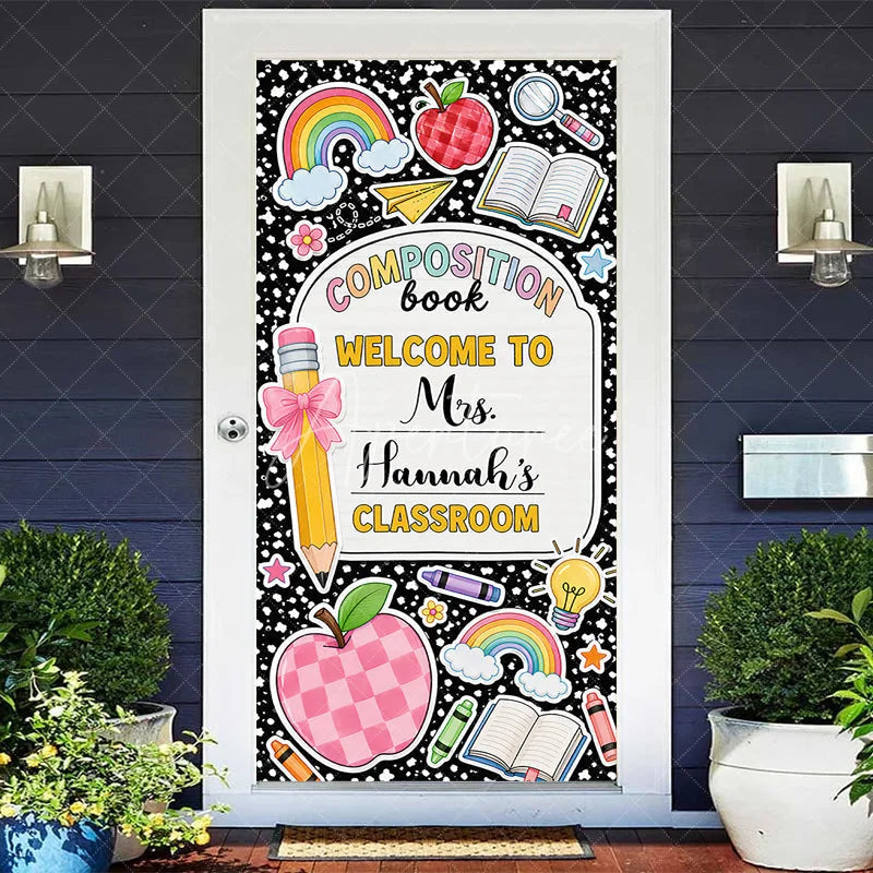 Aperturee - Aperturee Black Composition Book Welcome Classroom Door Cover Colorful School Theme Rainbow Apple Pencil Design