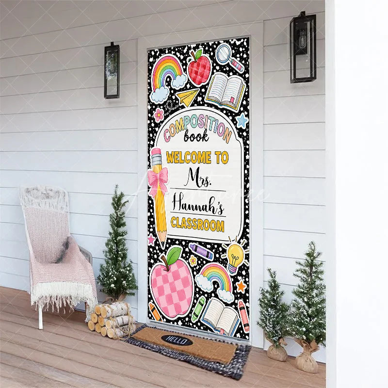 Aperturee - Aperturee Black Composition Book Welcome Classroom Door Cover Colorful School Theme Rainbow Apple Pencil Design