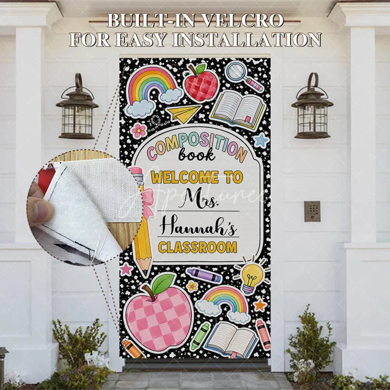 Aperturee - Aperturee Black Composition Book Welcome Classroom Door Cover Colorful School Theme Rainbow Apple Pencil Design