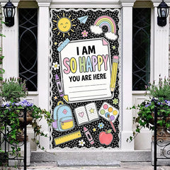 Aperturee - Aperturee Black Composition Notebook Style Welcome Door Cover with Pastel School Supplies and Happy Message Classroom Decor