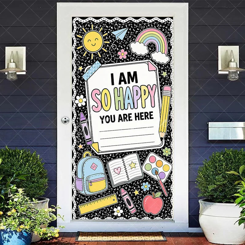 Aperturee - Aperturee Black Composition Notebook Style Welcome Door Cover with Pastel School Supplies and Happy Message Classroom Decor