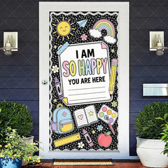 Aperturee - Aperturee Black Composition Notebook Style Welcome Door Cover with Pastel School Supplies and Happy Message Classroom Decor
