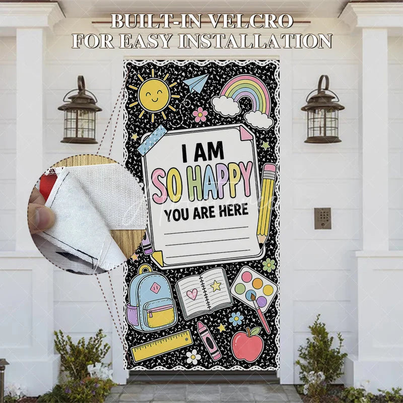 Aperturee - Aperturee Black Composition Notebook Style Welcome Door Cover with Pastel School Supplies and Happy Message Classroom Decor