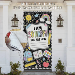 Aperturee - Aperturee Black Composition Notebook Style Welcome Door Cover with Pastel School Supplies and Happy Message Classroom Decor