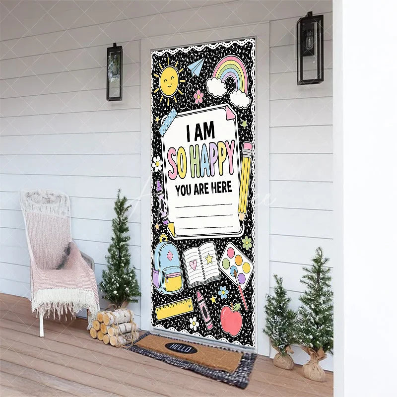 Aperturee - Aperturee Black Composition Notebook Style Welcome Door Cover with Pastel School Supplies and Happy Message Classroom Decor