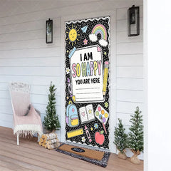 Aperturee - Aperturee Black Composition Notebook Style Welcome Door Cover with Pastel School Supplies and Happy Message Classroom Decor