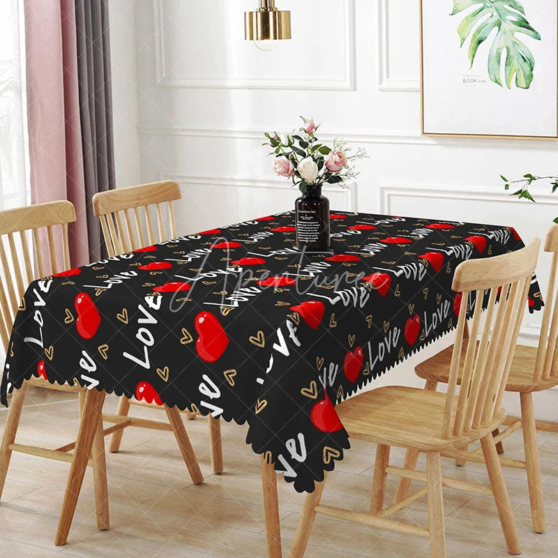 Aperturee - Aperturee Black Cursive Love Text Rectangle Tablecloth Red Heart Pattern Romantic Valentine Date Night Home Decor
