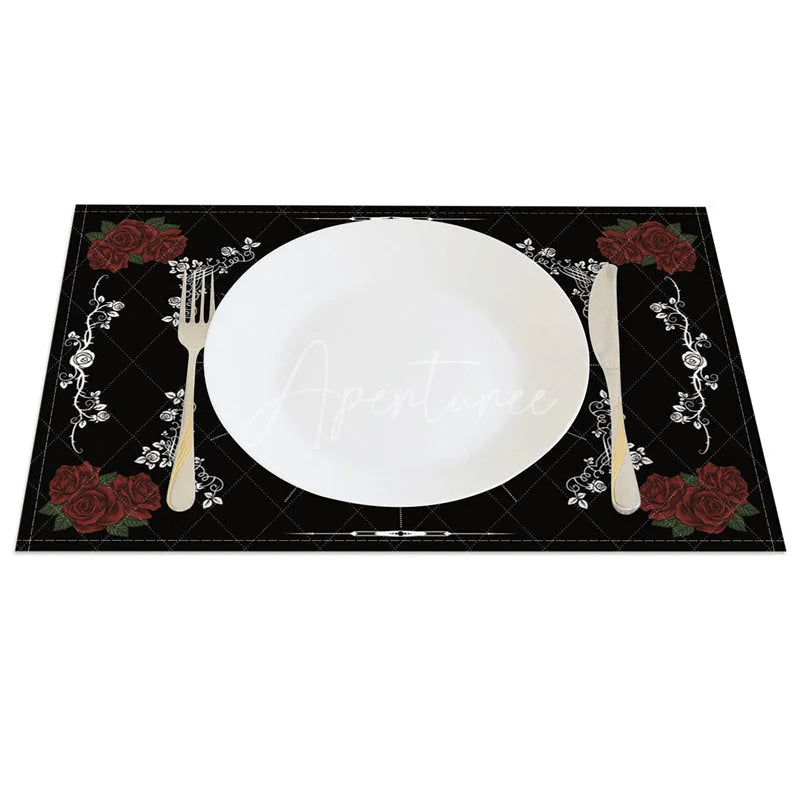Aperturee - Aperturee Black Glitter Skull and Flower Set of 4 Placemats for Gothic and Glam Halloween Wedding Decor