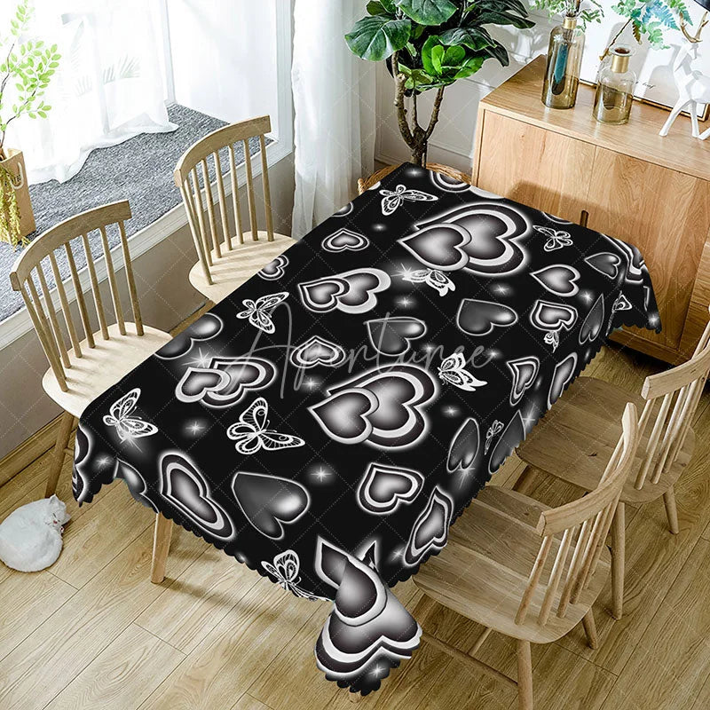 Aperturee - Aperturee Black Glowing Heart Butterfly Rectangle Tablecloth Neon Light Love Pattern Modern Gothic Dining Decor