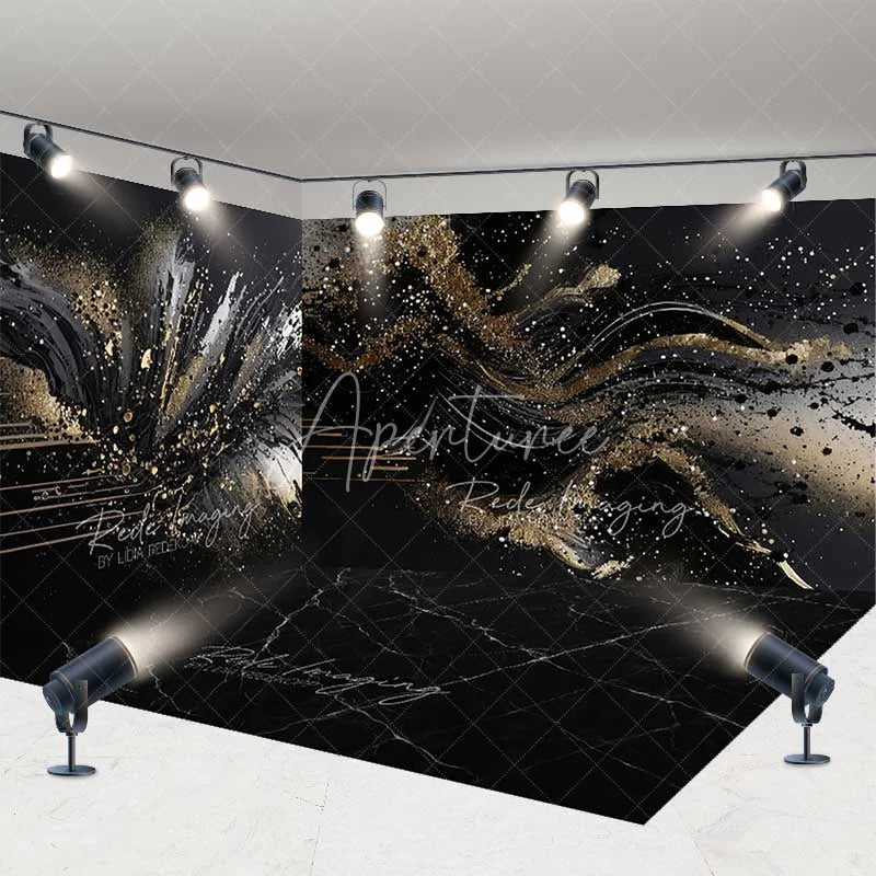 Aperturee - Aperturee Black Gold Abstract Room Set Backdrop Redefining Luxury Splatter Swirl Design Modern Photography Event